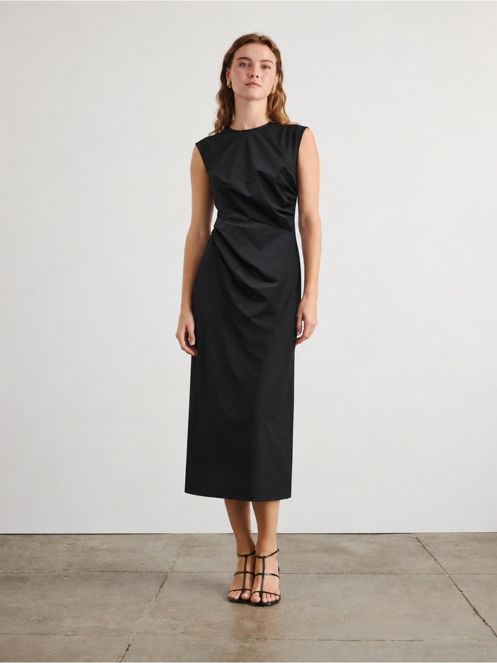 NWT J.Crew Ruched Midi Dress Black Stretch Cotton Poplin $178